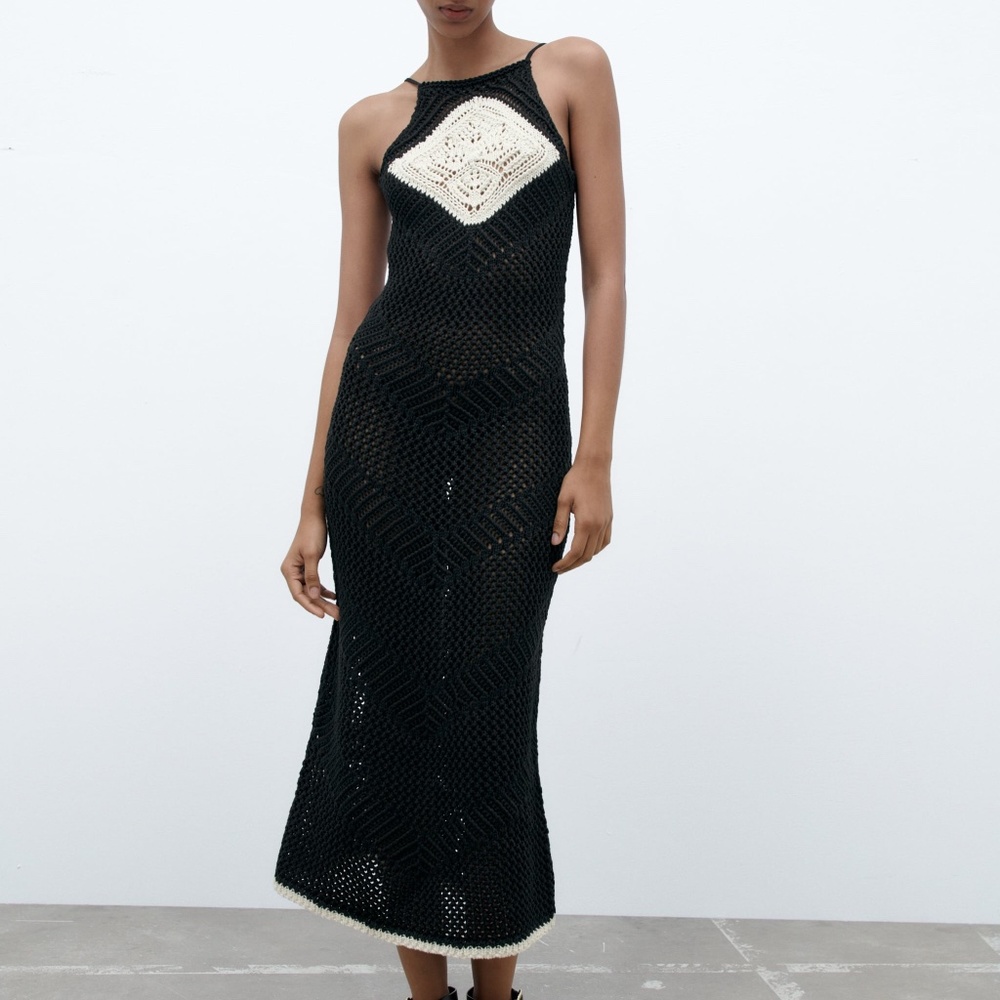 ZARA CROCHET KNIT DRESS BLACK AND WHITE SMALL 3991/026